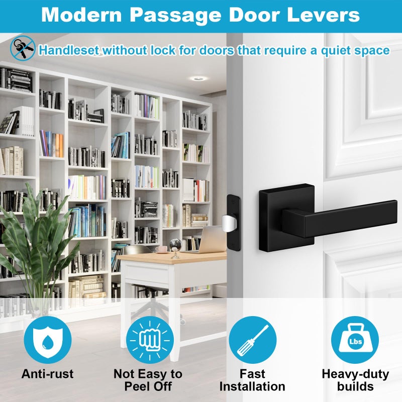 Estmoon 6 Pack Door Handles Matte Black - Passage Door Knobs Interior Square Door Levers  Heavy Duty Non-Locking Leversets Hall Closet Handles  Reversible for Right & Left Sided Doors - Image 2